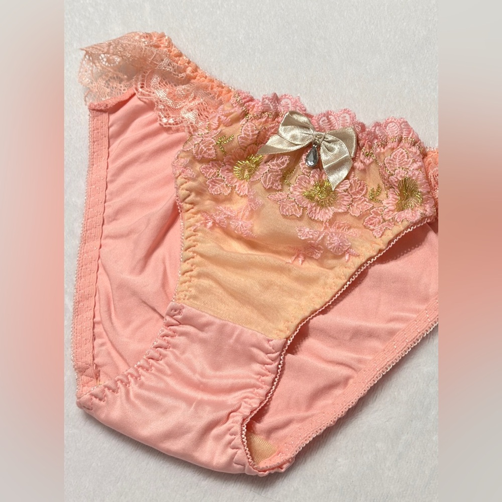 US-S/JP-L Japanese VTG Satin Bow Floral Embroidery Ruffle String Bikini Panties